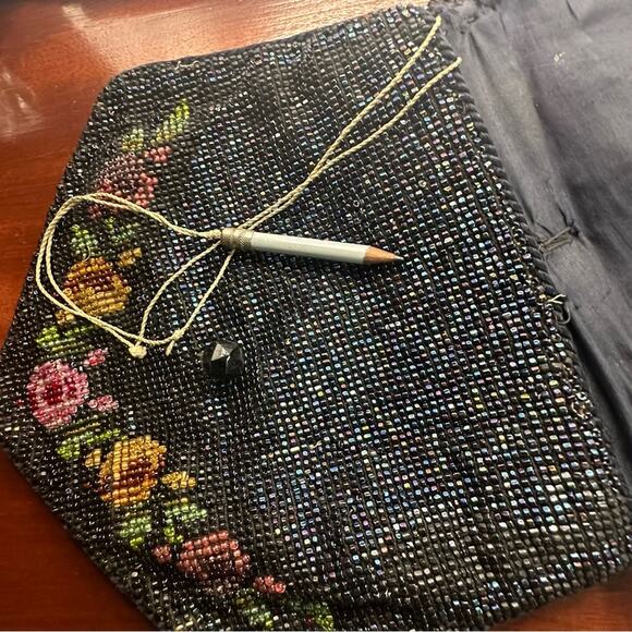 Vintage Retro style Fabric Beaded Black & Floral Evening Handbag VTG Retro 1950s - Picture 8 of 10